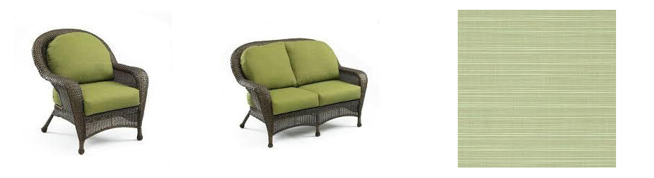 Cushions rest on outdoor wicker loveseat and chair with image of green sample fabric
